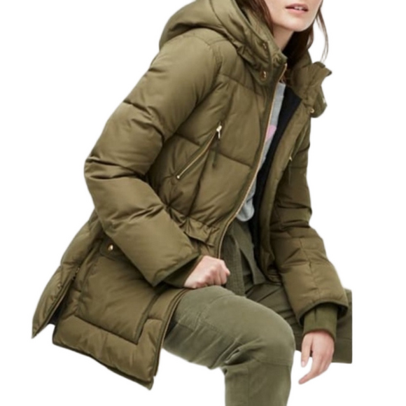 J. Crew Jackets & Blazers - J.CREW Chateau Puffer Jacket Parka Hood Zip Pockets Olive Green Women Size M